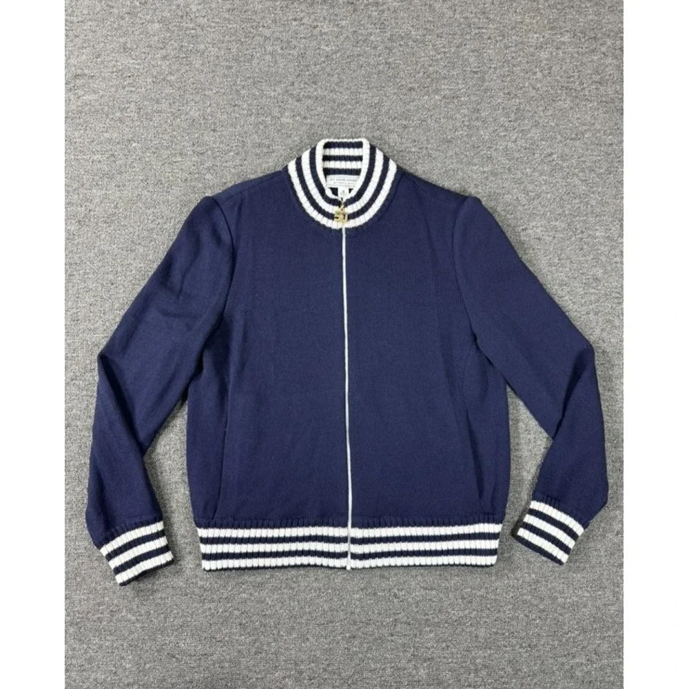 St John Sweater Womens Small Blue White Santana Knit Bomber Varsity Made‎ USA